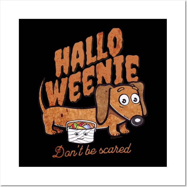 Funny Doxie Dog trick or treating on a scary night on Hallo Weenie Halloween Dachshund Wall Art by Danny Gordon Art